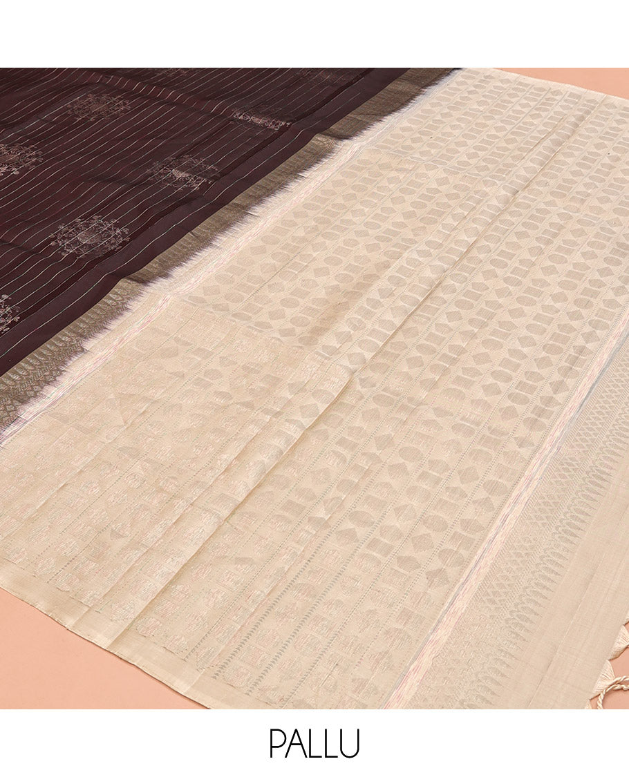 Borderless Brown Mayuri Soft Silk Saree, Steeped with Stripes, and Warli Motifs On Its Body, Complemented by Contrast Pallu of Geometric Patterns, and Paired with a Contrast Blouse