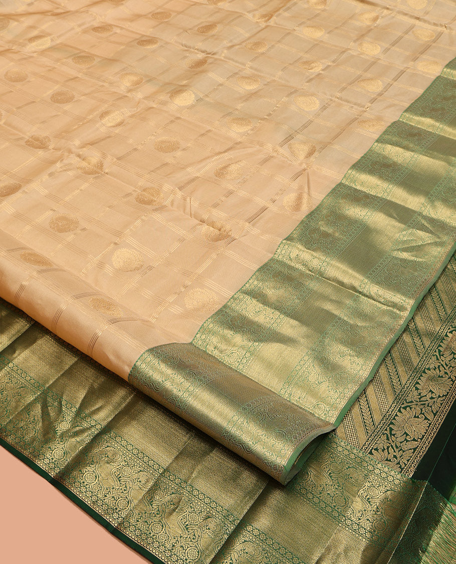Sandal Vasundhara Lite-Silk Mix Saree, Sparsely Woven with Zari Butta Enclosed Checks, a Contrast Border of Yaali Designs, Grand Pallu, and a Contrast Blouse