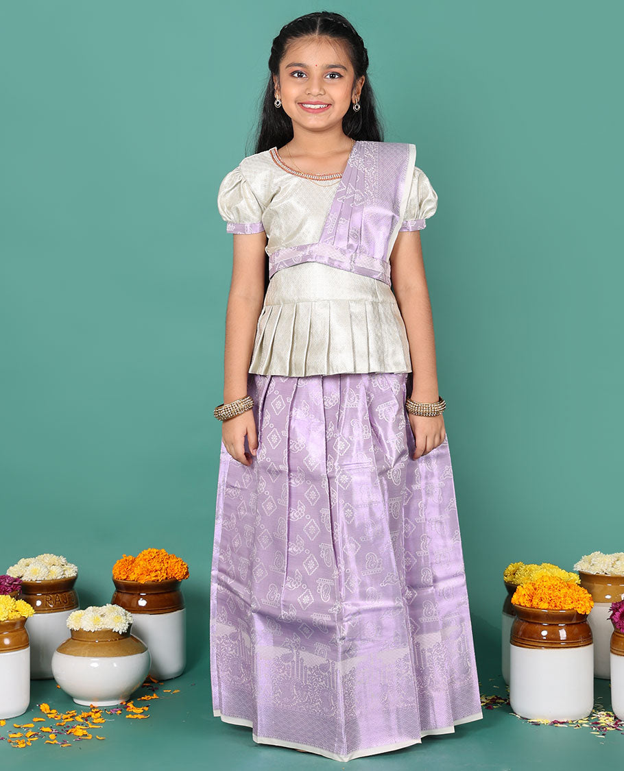 Lavender readymade art silk pavadai, zari design skirt, & jacquard embroidered round neck puff-sleeve blouse with detachable dupatta