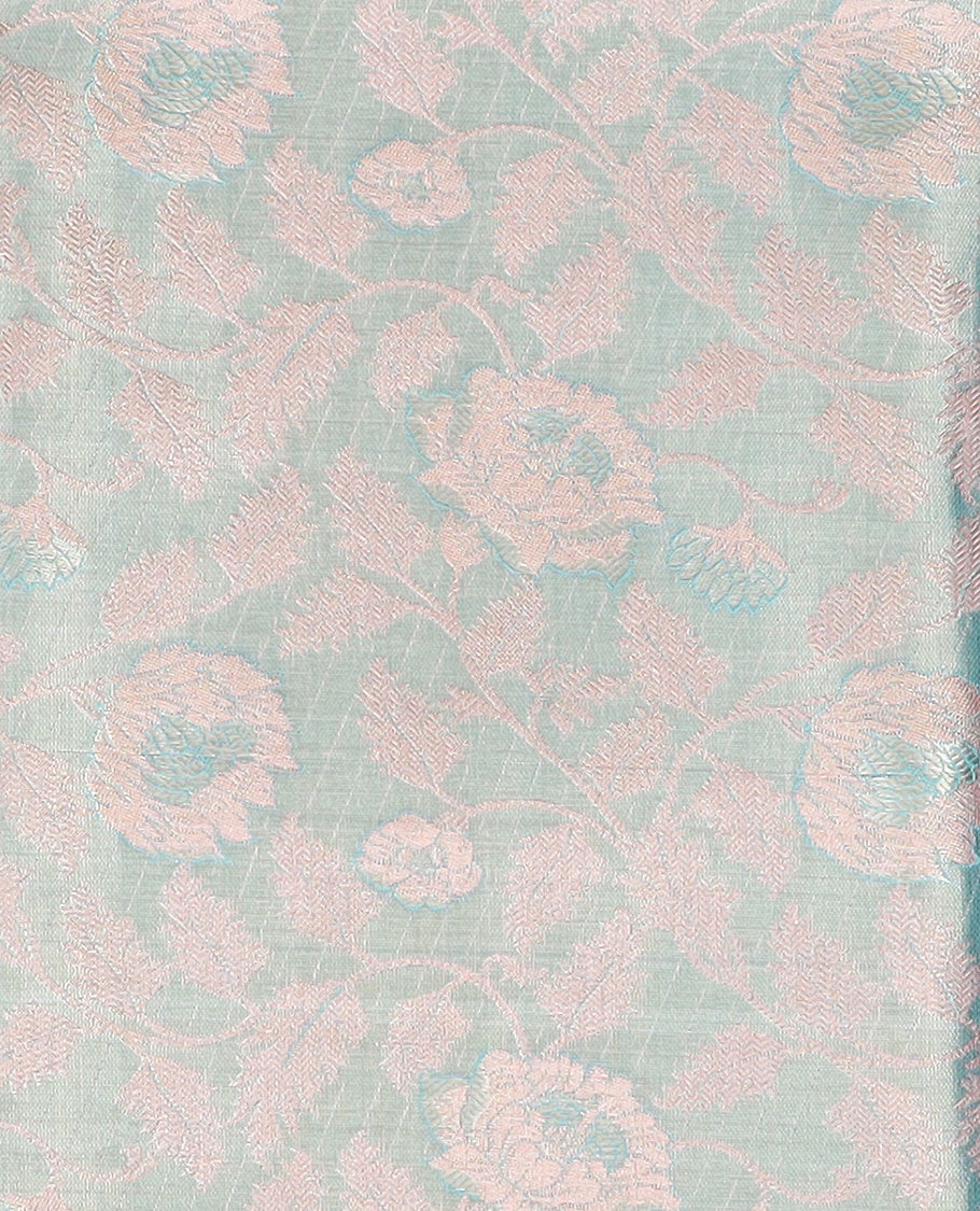 Blue puresilk halfsaree, floral jaal jacquard skirt, contrast blouse, and border of salngai,neli,poun,jaal,manga and jaal, and dhavani of embossed with zari weave