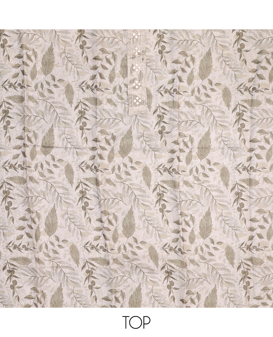Pale Green Material Chudidar Set, Beautified with Abstract-Style Leaf Printed and Embroidery on Cotton Top, a Contrast Plain Cotton Bottom, and Paired with Sequins Striped Cotton Dupatta