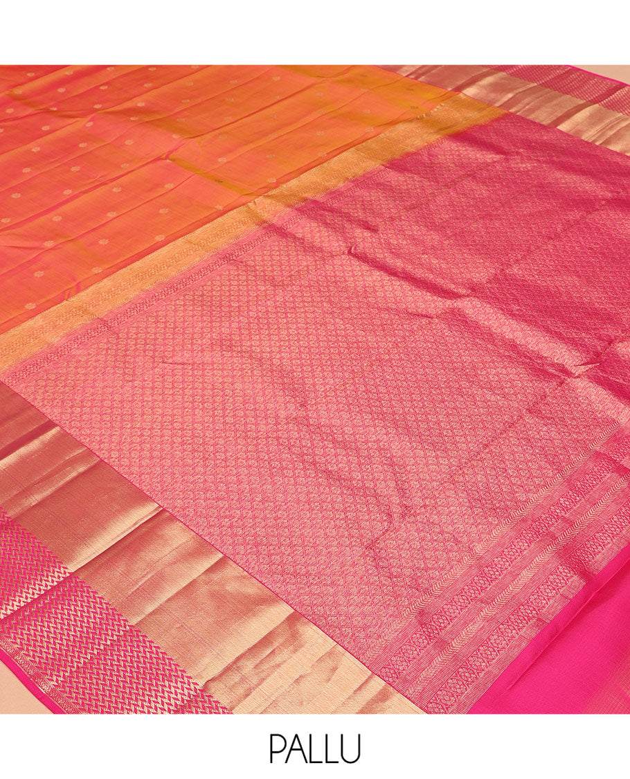 Orange Vasundhara Silk Saree, Woven with Zari Buttas, a Contrast Geometric Patterned Border, Grand Jaal Pallu, and a Contrast Blouse