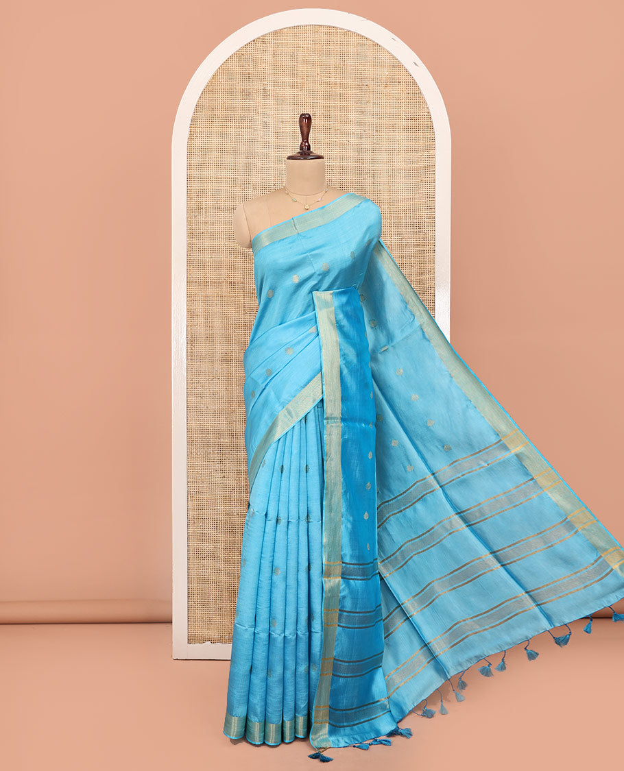 Blue Banana Pith Saree, Sparsely Woven with Buttas All Over Its Body, Subtle Self-Border, Pallu Steeped with Stripes, and Paired with a Matching Blouse