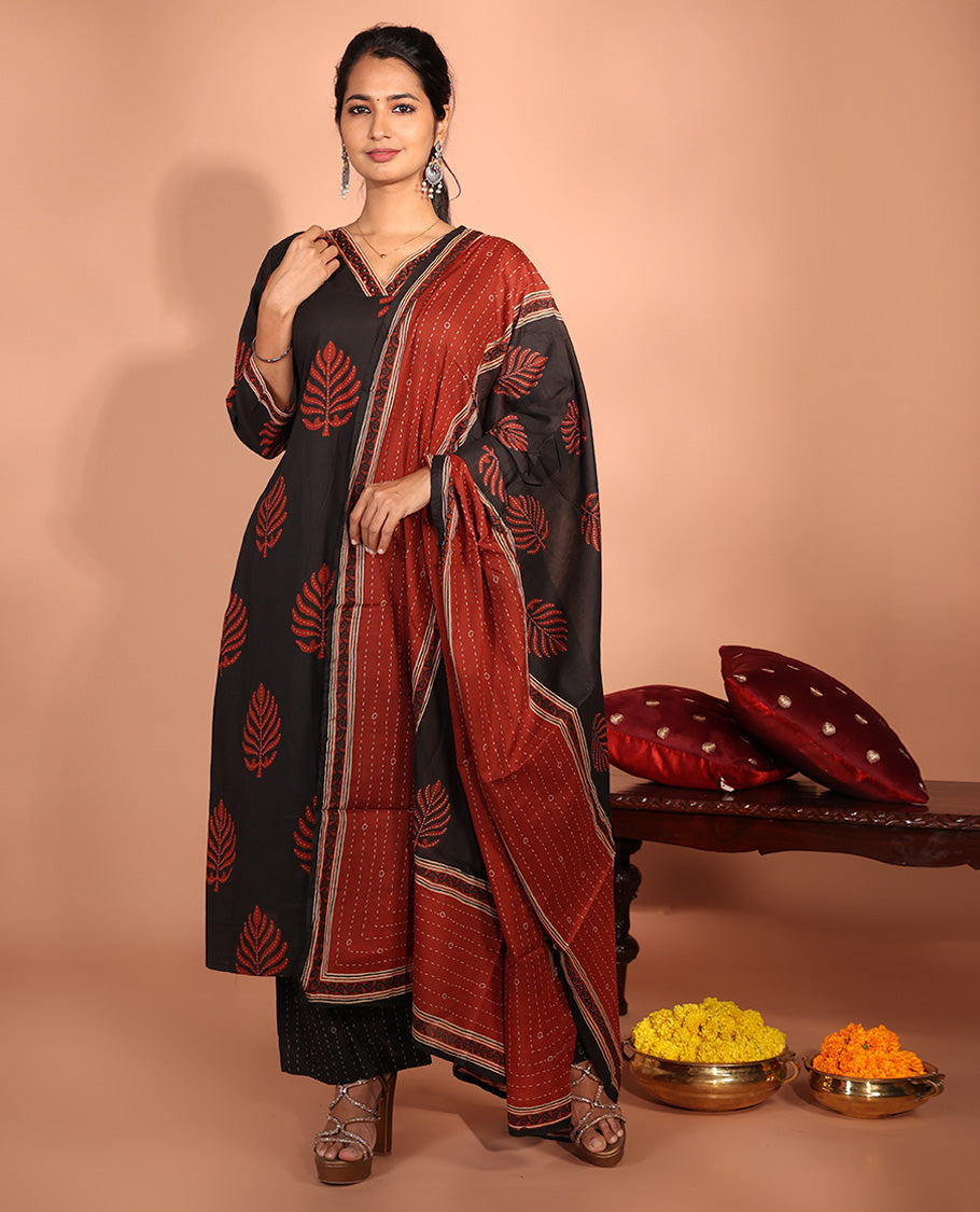 Black Cotton Readymade Suit