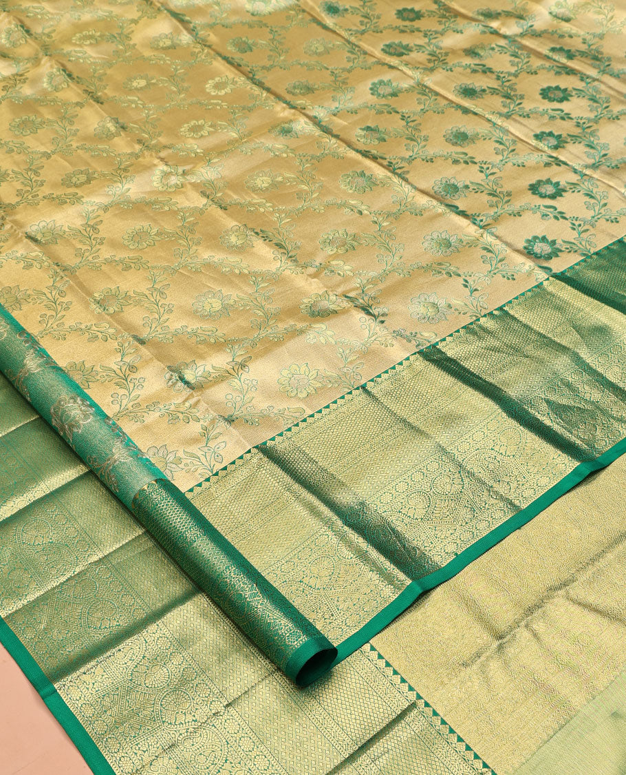 Gold Floral Jacquard Kanchipuram Tissue Silk Saree, Complemented by a Contrast Border of Thilakam Mokku, Muthu, Mayil Kann, Jaal, Cross Kamalam, and Manga, Grand Pallu, and a Matching Blouse
