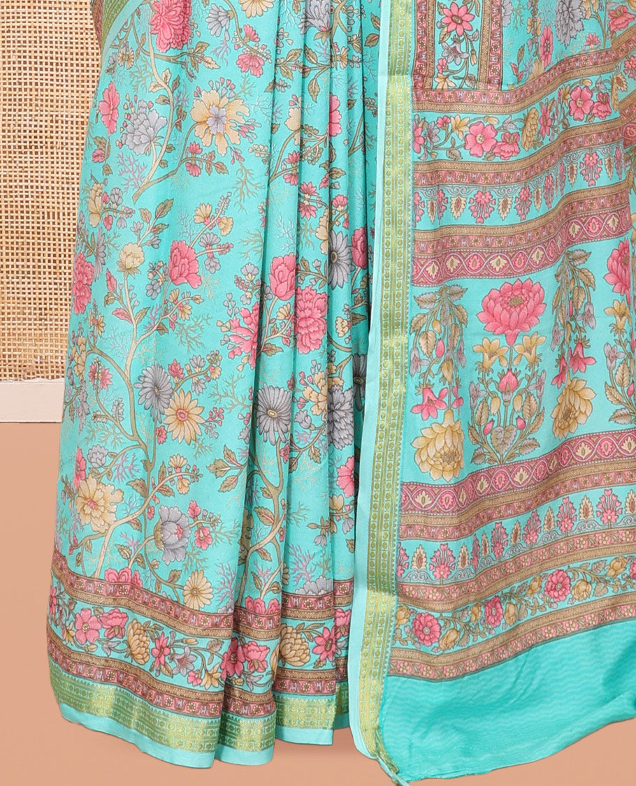 Blue Floral-Vine Printed Silk Saree, a Traditional Zari Border, Floral Pallu, a Matching Blouse