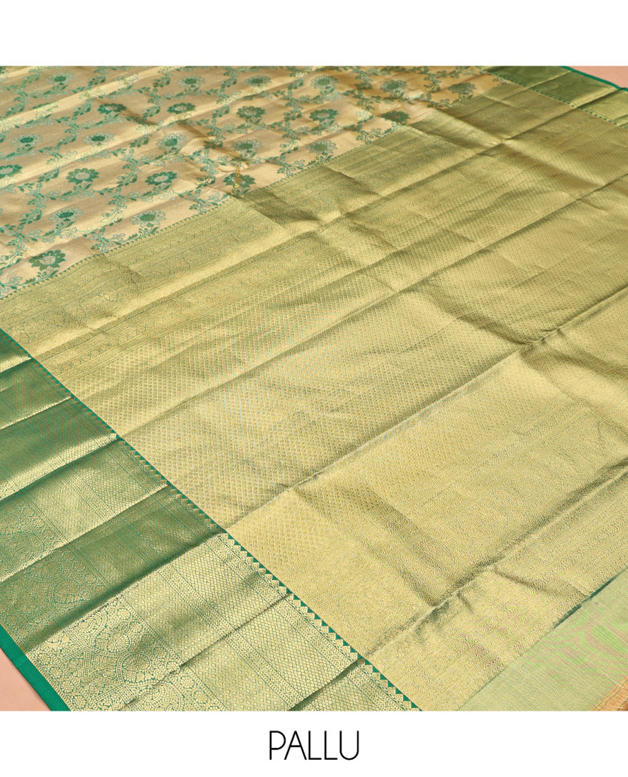 Gold Floral Jacquard Kanchipuram Tissue Silk Saree, Complemented by a Contrast Border of Thilakam Mokku, Muthu, Mayil Kann, Jaal, Cross Kamalam, and Manga, Grand Pallu, and a Matching Blouse