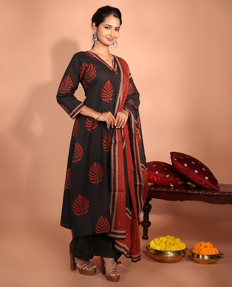 Black Cotton Readymade Suit