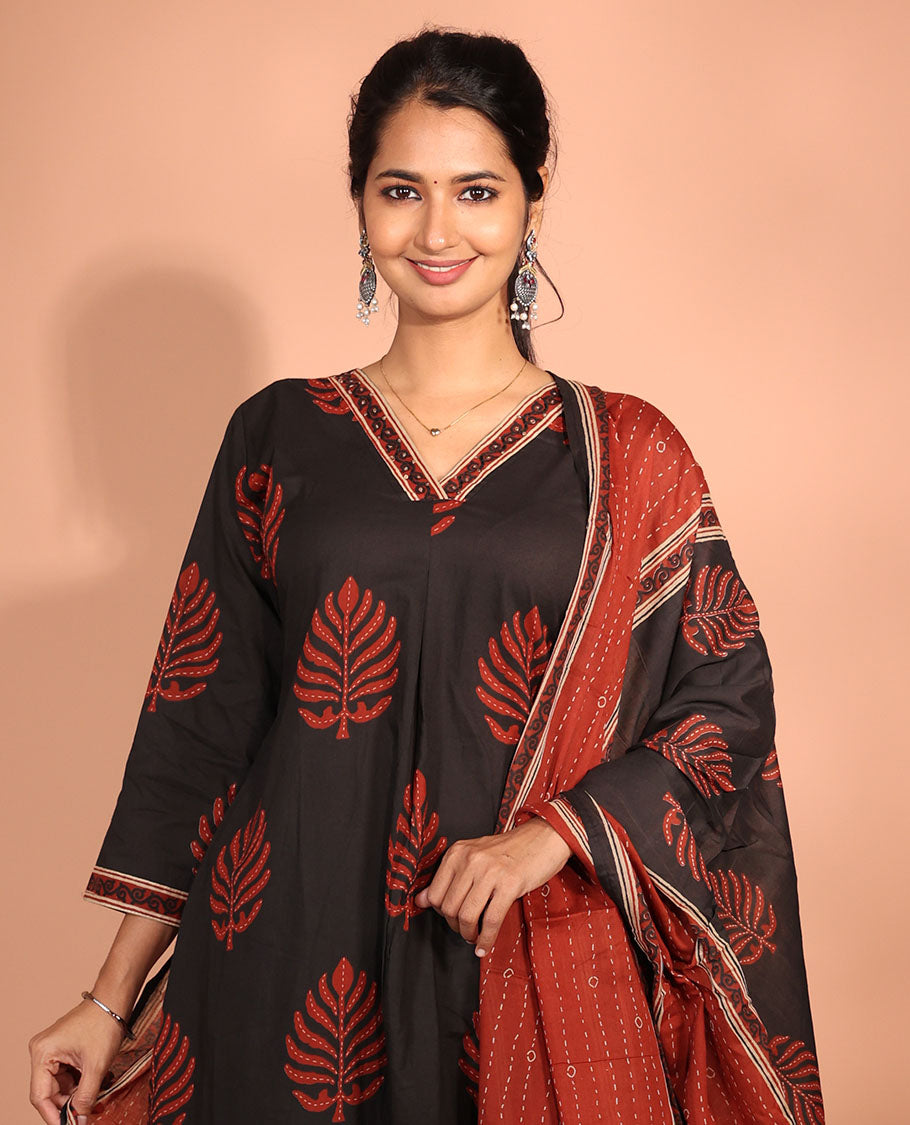 Black Cotton Readymade Suit