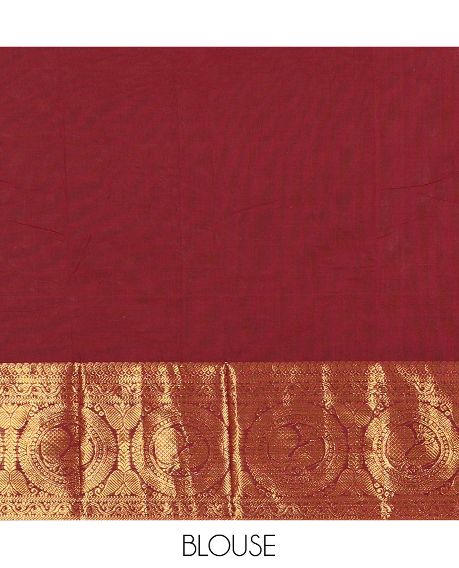 Maroon Chettinad Cotton Saree, Elevated with Thread Buttas All Over Its Body, Highlighted by Traditional Zari Border of Round Peacock Designs, Subtly Striped Pallu, and Paired with a Matching Blouse