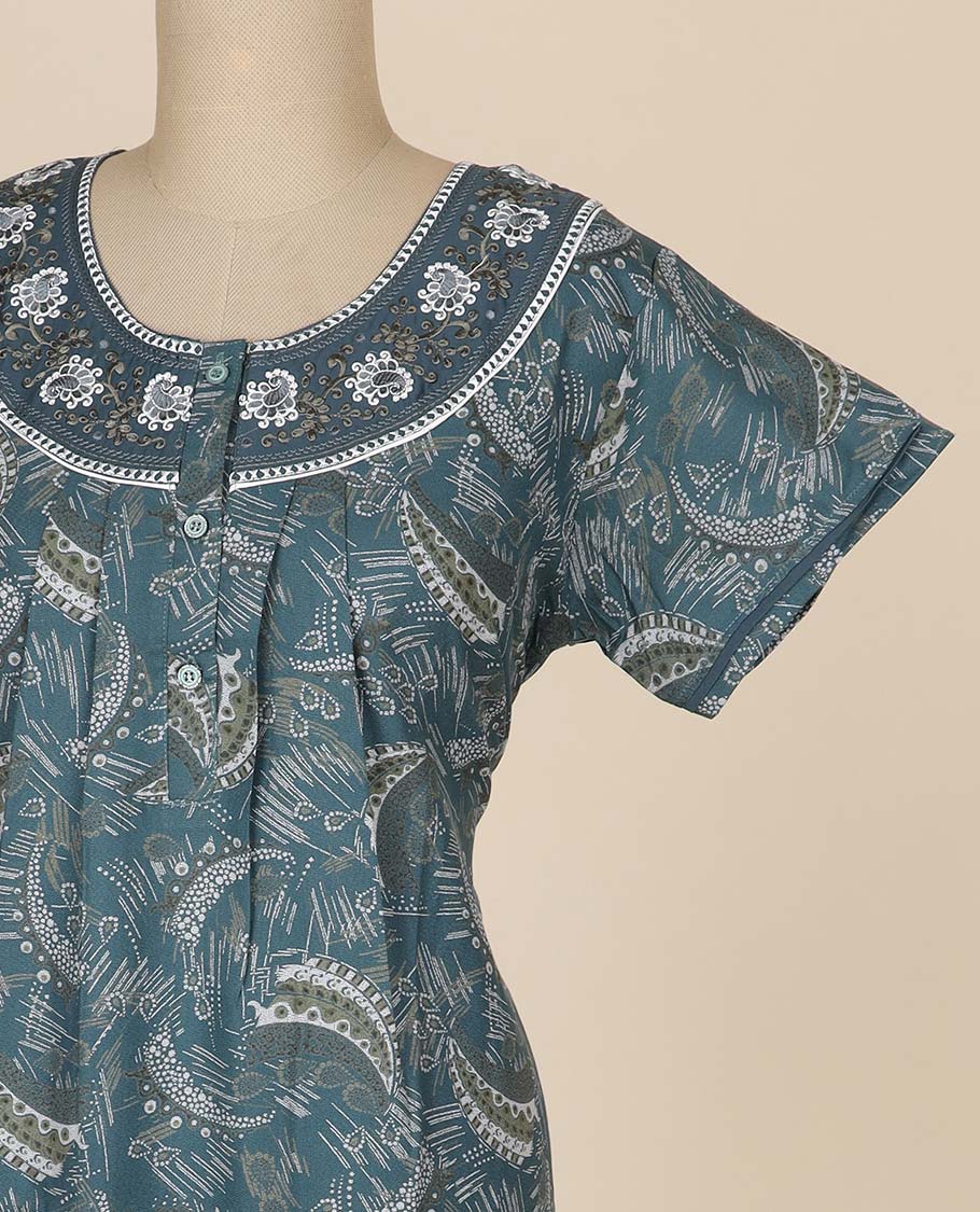 Blue floral printed & floral thread embroidery round neck cotton half-sleeve nighty