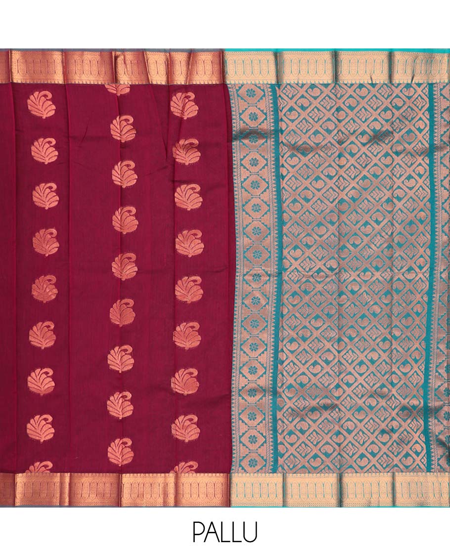 Marron paisley design kora cotton saree with contrast zari design border & floral enclosed checked design pallu