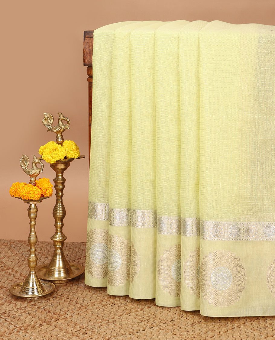Lemon yellow horizontal lines chanderi cotton saree with rudhrakshborder & rich pallu along with rich blouse