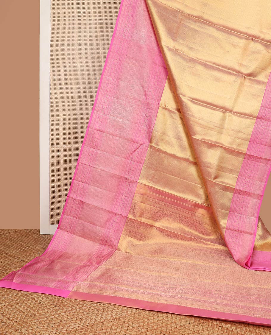 Brown striped kancheepuram tissue silk saree with contrast border of thilakam mokku, kathir, yanaai, vanki design & zari design pallu