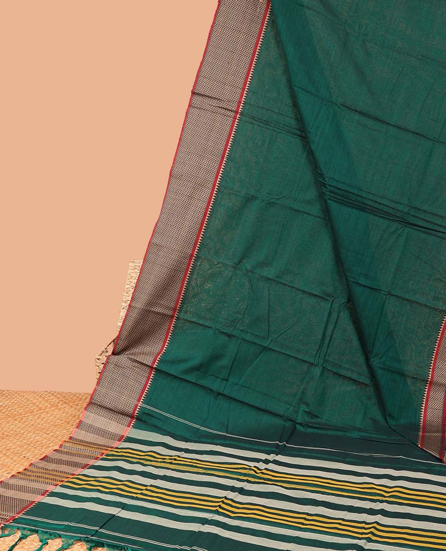 Green plain design Narayanapet cotton saree, contrast traditional design border & striped pallu