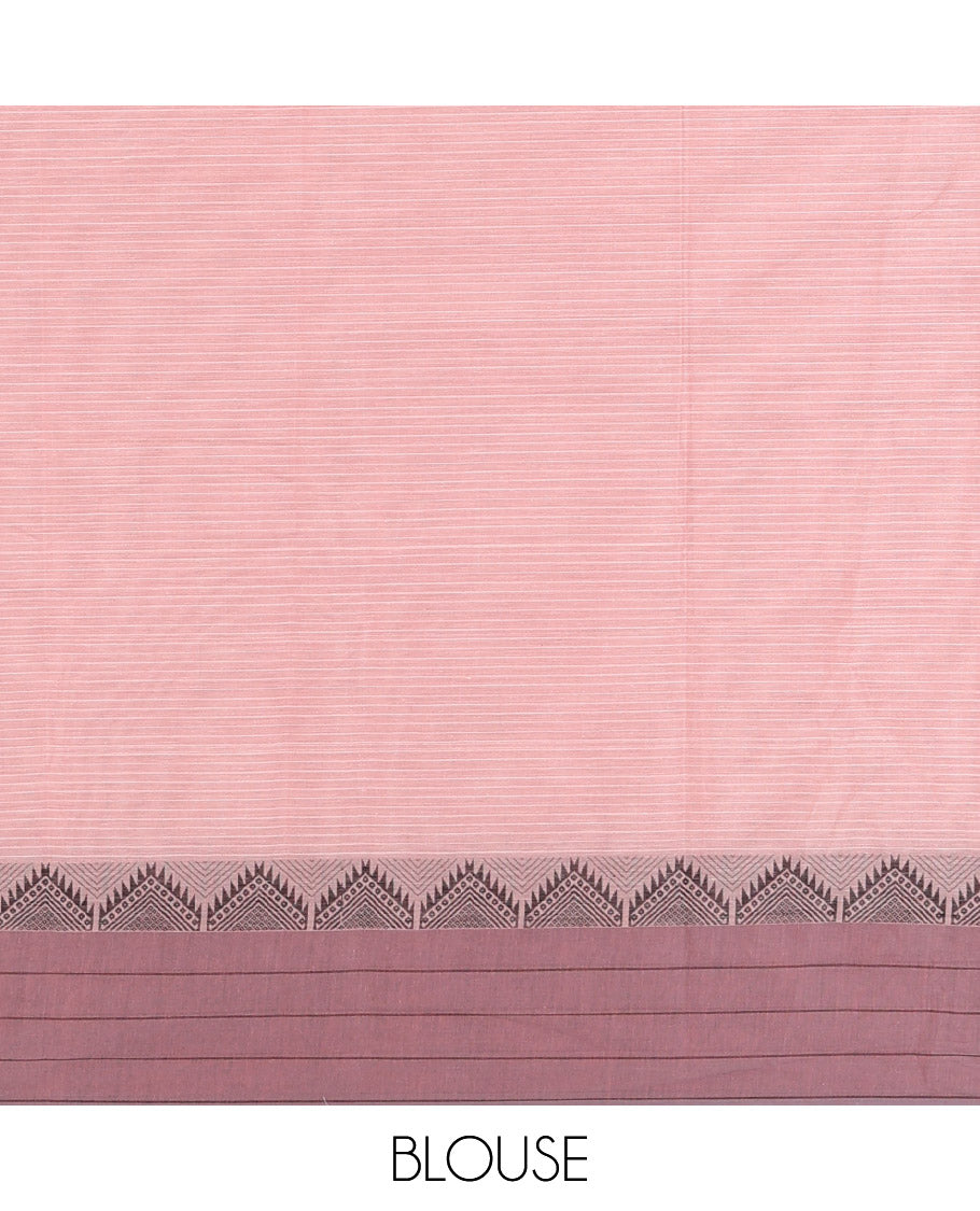 Onion Pink Negamam Cotton Saree, Subtly Adorned with Vertical and Horizontal Stripes All Over Its Body, Complemented by a Contrast Temple Border, a Subtle Pallu, and Paired with a Matching Blouse