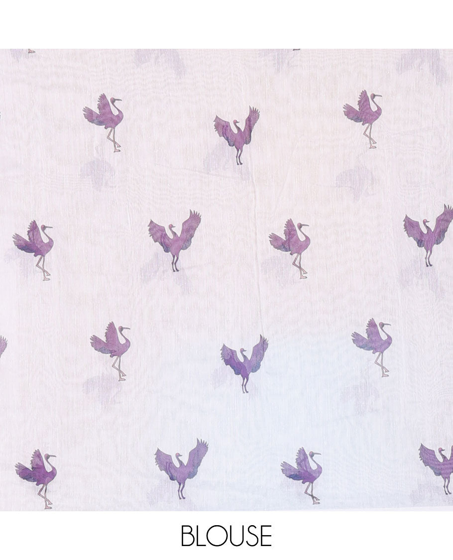 Borderless purple crane motifs printed linen cotton saree, crane motifs printed pallu, and a contrast crane printed blouse