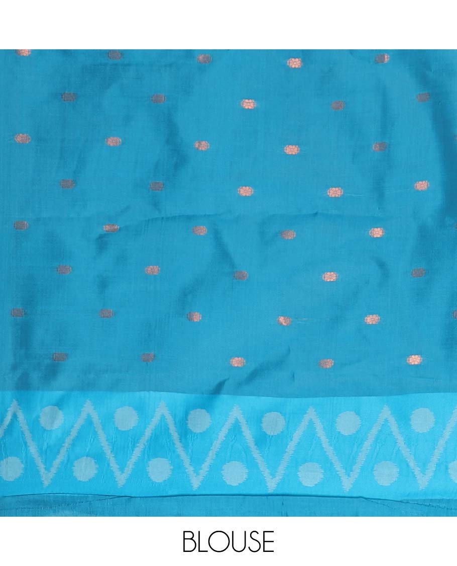 Blue unique motifs thread weave pochampally ikkat mulberry silk saree, contrast chevron & polka dot border and zari-rich intricate pallu