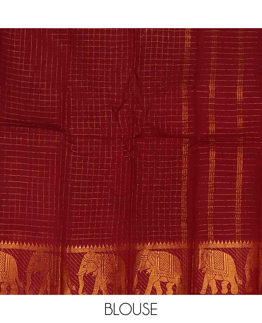 White zari checked sungudi cotton saree, contrast maroon temple & elephant motifs dual-border, striped pallu & contrast checked blouse