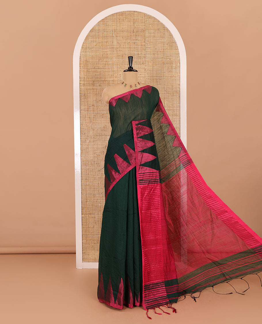 Green and pink plain khadi mul cotton saree, contrast thread temple border, plain pallu, and a contrast plain blouse
