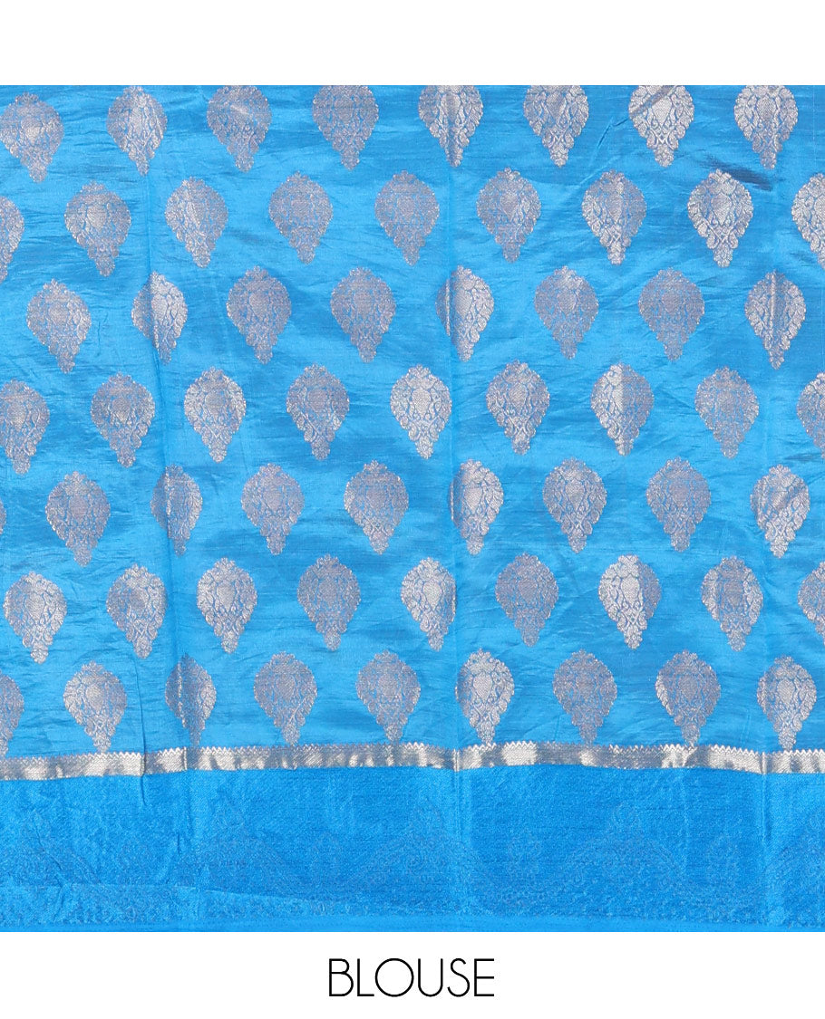 Blue Semi-Tussar Saree, Bedecked with Zari Buttas, a Satin Embossed Border, Gleaming Pallu, and a Matching Blouse