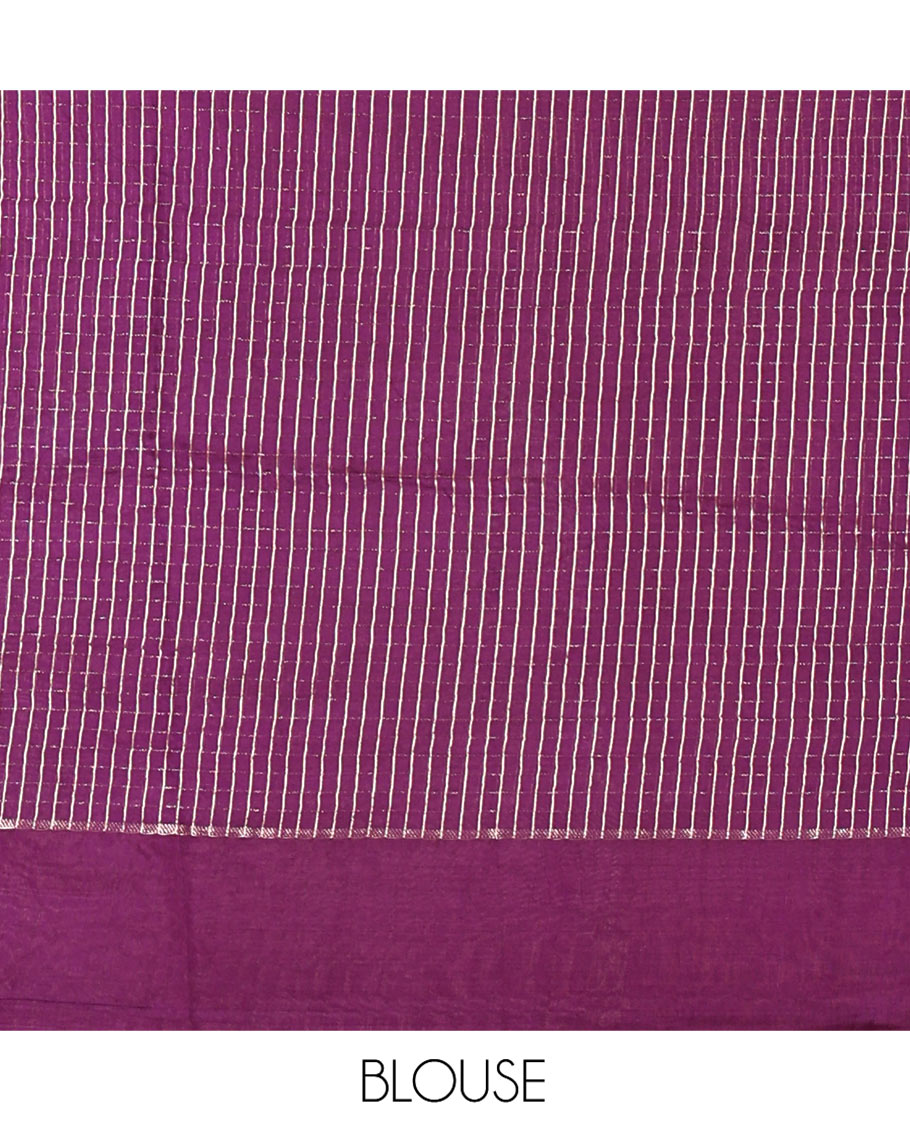 Pink Assam Silk Saree, Gleamed Up with Zari Checked Design on Its Body, Complemented by Contrast Border, Pallu Steeped with Gleaming Zari Stripes, and Paired with a Contrast Blouse
