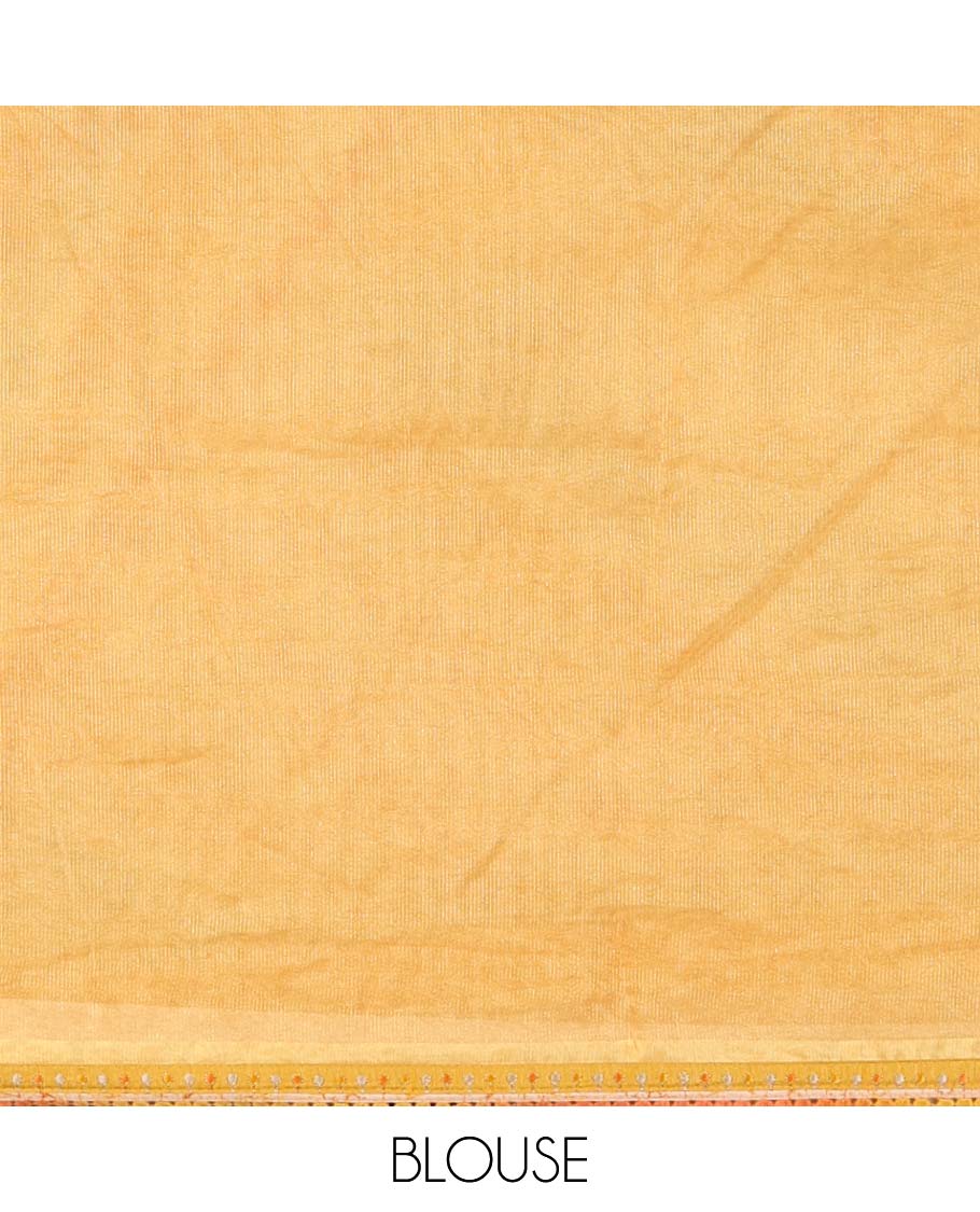 Yellow digital printed chimmer chiffon saree with embroidery, lace border & self pallu along with plain blouse
