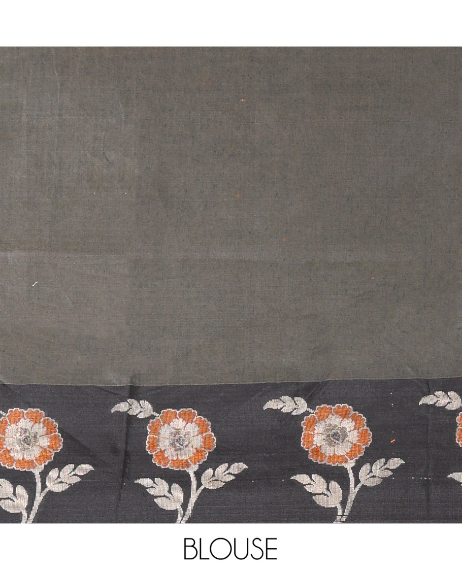 Elephant Grey Chanderi Cotton Saree, Adorned with Floral Designs on Its Body, Complemented by a Contrast Border of Floral Designs, Pallu of Stripes, and Paired with a Matching Blouse
