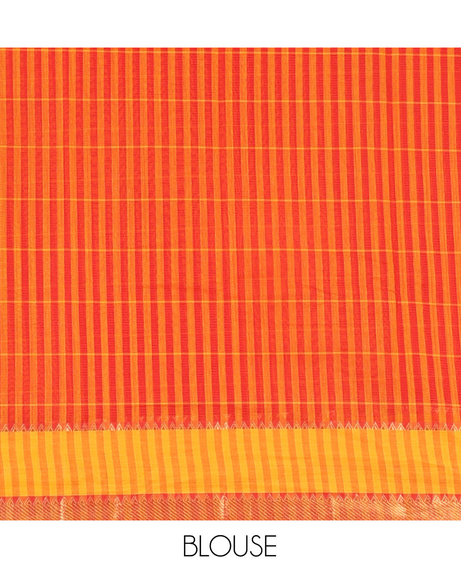 Red Andhra Cotton Saree, Subtly Sparkled with Checks, a Contrast Zari Traditional Border, Striped Pallu, and a Matching Blouse
