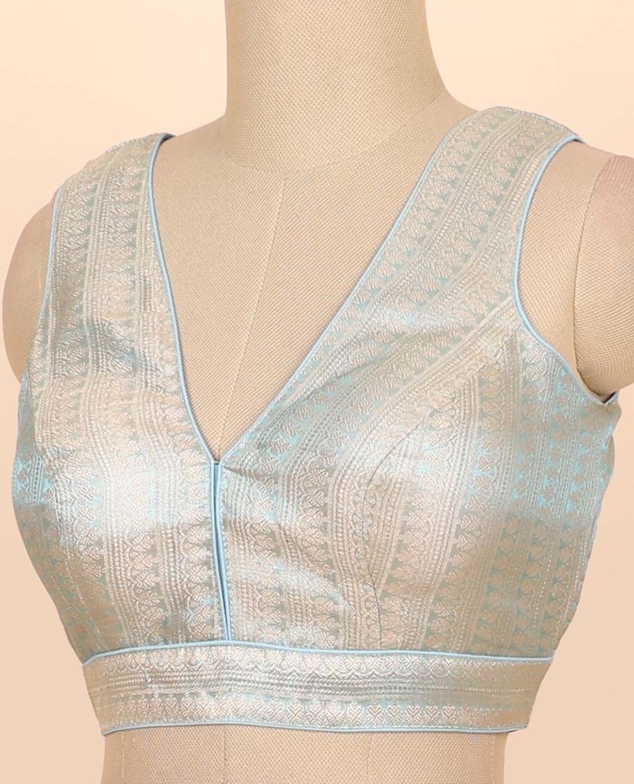 Baby blue floral zari design front & back deep v-neck raw-silk readymade sleeveless blouse