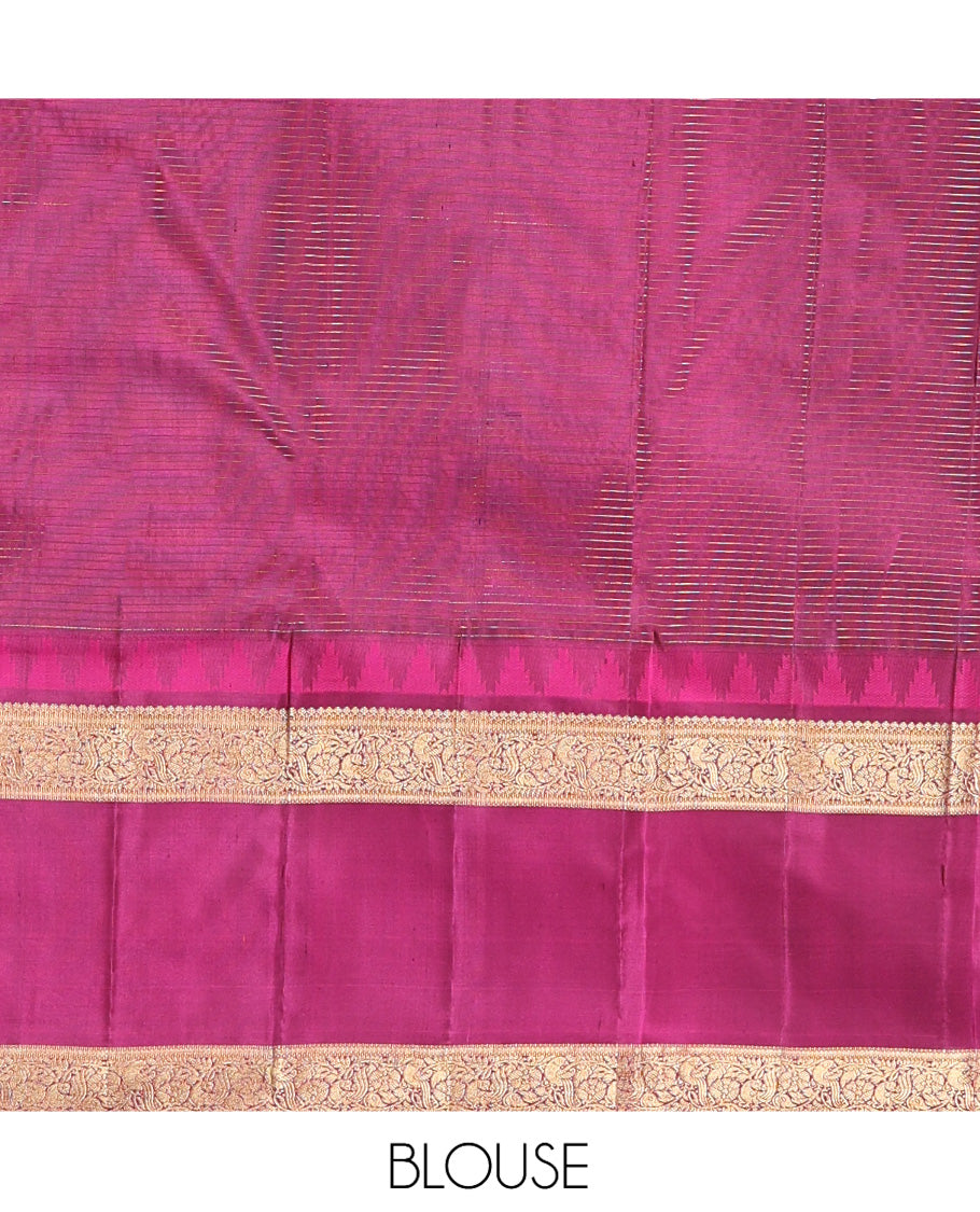 Dark Green-Magenta Vasundhara Silk Saree Features Zari Buttas and Checks,Contrast Thazampoo Rekku Rettai Pettu Mayil Border, Grand Pallu, and Contrast Blouse