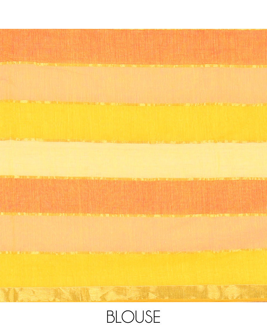 Orange-shaded striped khadi cotton saree, zari piping border, multi-color tassels pallu & colorful striped blouse