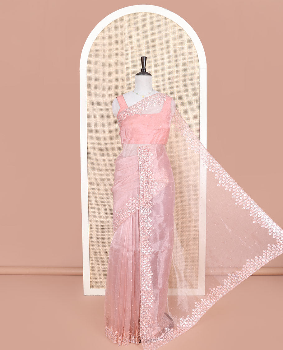 Pink Designer Saree, Beautified with Sequins Struck on Its Body, Highlighted by a Scallop Sequins Embroidered Border, Self-Pallu, and Paired with a Matching Blouse