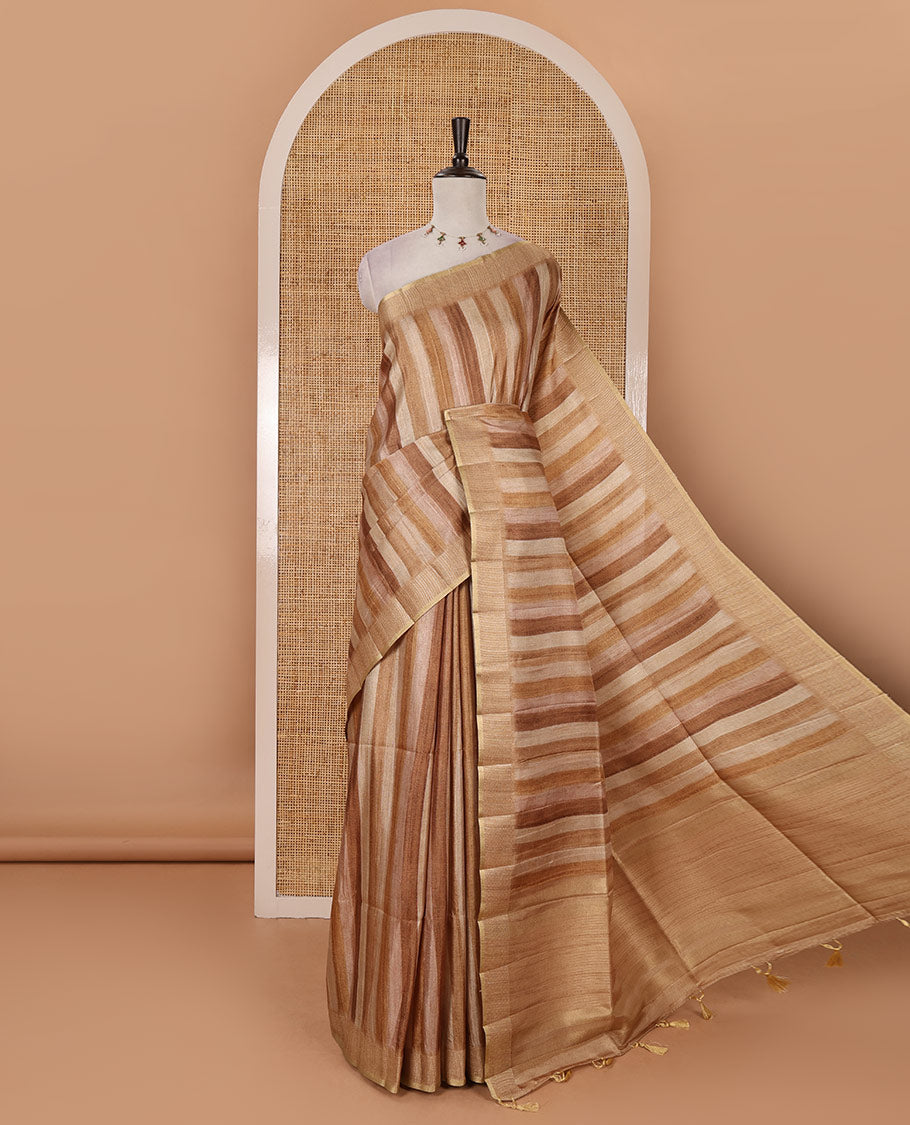 Chocolate brown hand brushing-style vertical stripes printed fancy tussar silk saree, zig zag-style zari woven border, zari pallu & striped blouse
