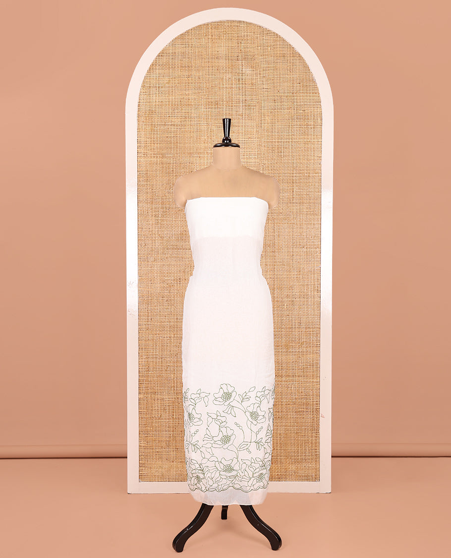 Cream-Green Organza Material Chudidar, Floral Thread Embroidery Top, Contrast Bottom, and Embroidered Scallop Dupatta