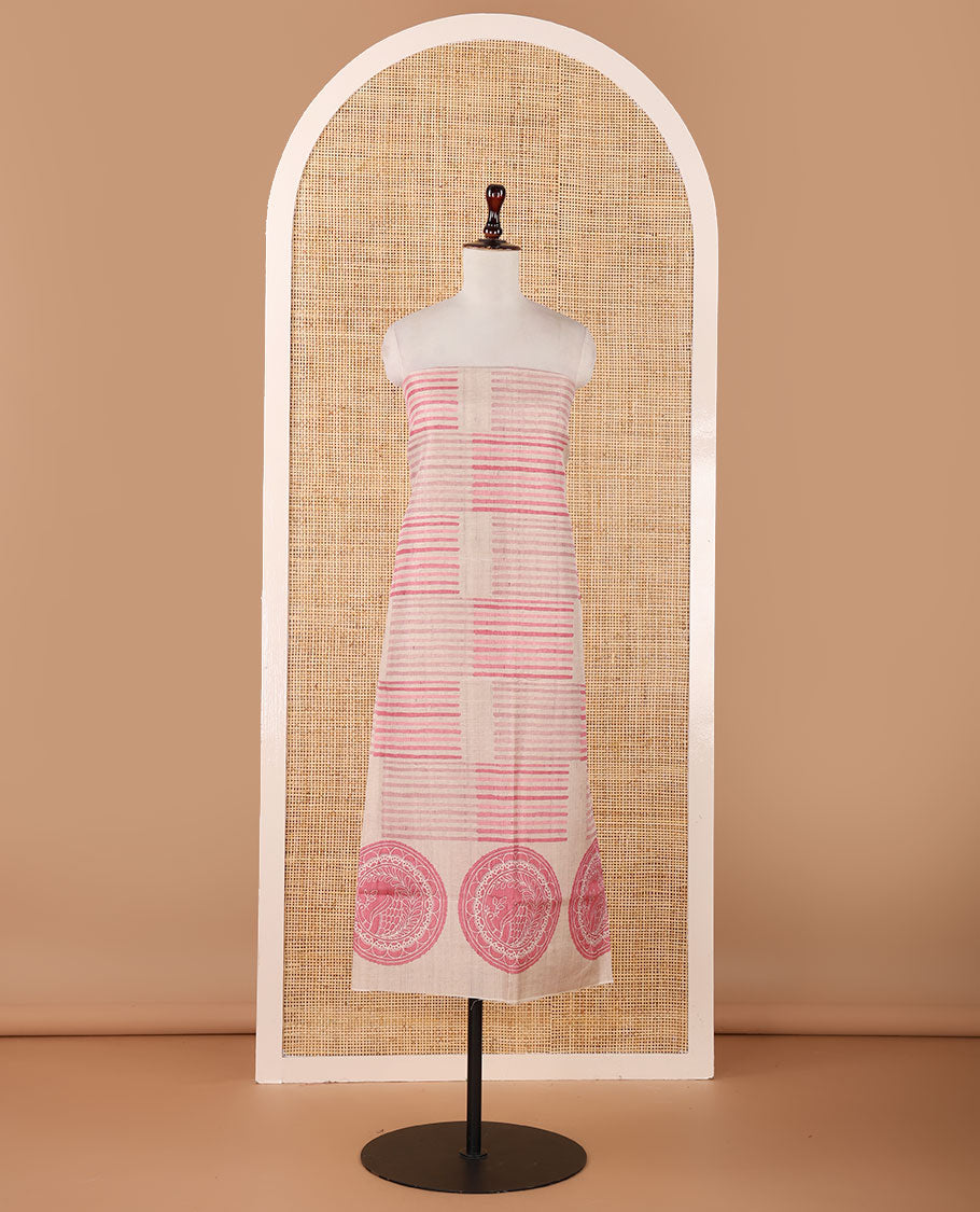 Chikku semi-tussar material chudidar set,geometric & round peacock motif print top, pink bottom & geometric & round peacock print dupatta