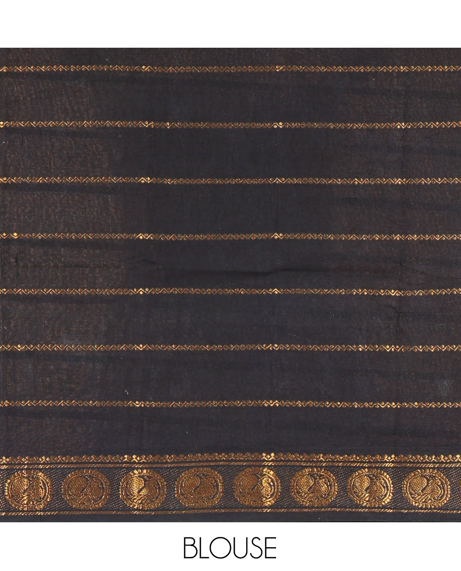 Black Plain Sungudi Cotton Saree, Highlighted by Traditional Rettai Pettu Rudraksham Border, Striped Pallu, and a Matching Blouse