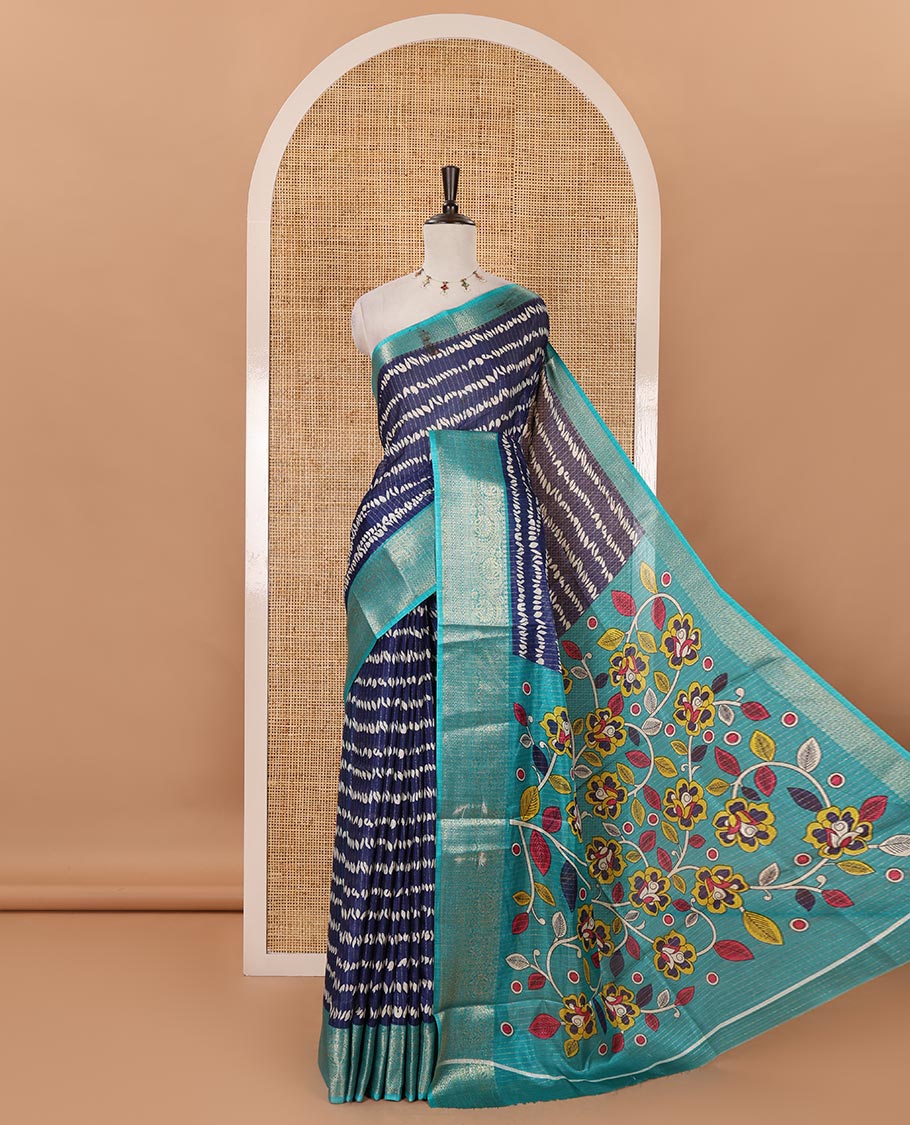 Royal blue zari striped & uniquely printed soft tusser saree,contrast traditional zari border,kalamkari floral print pallu & zari design blouse
