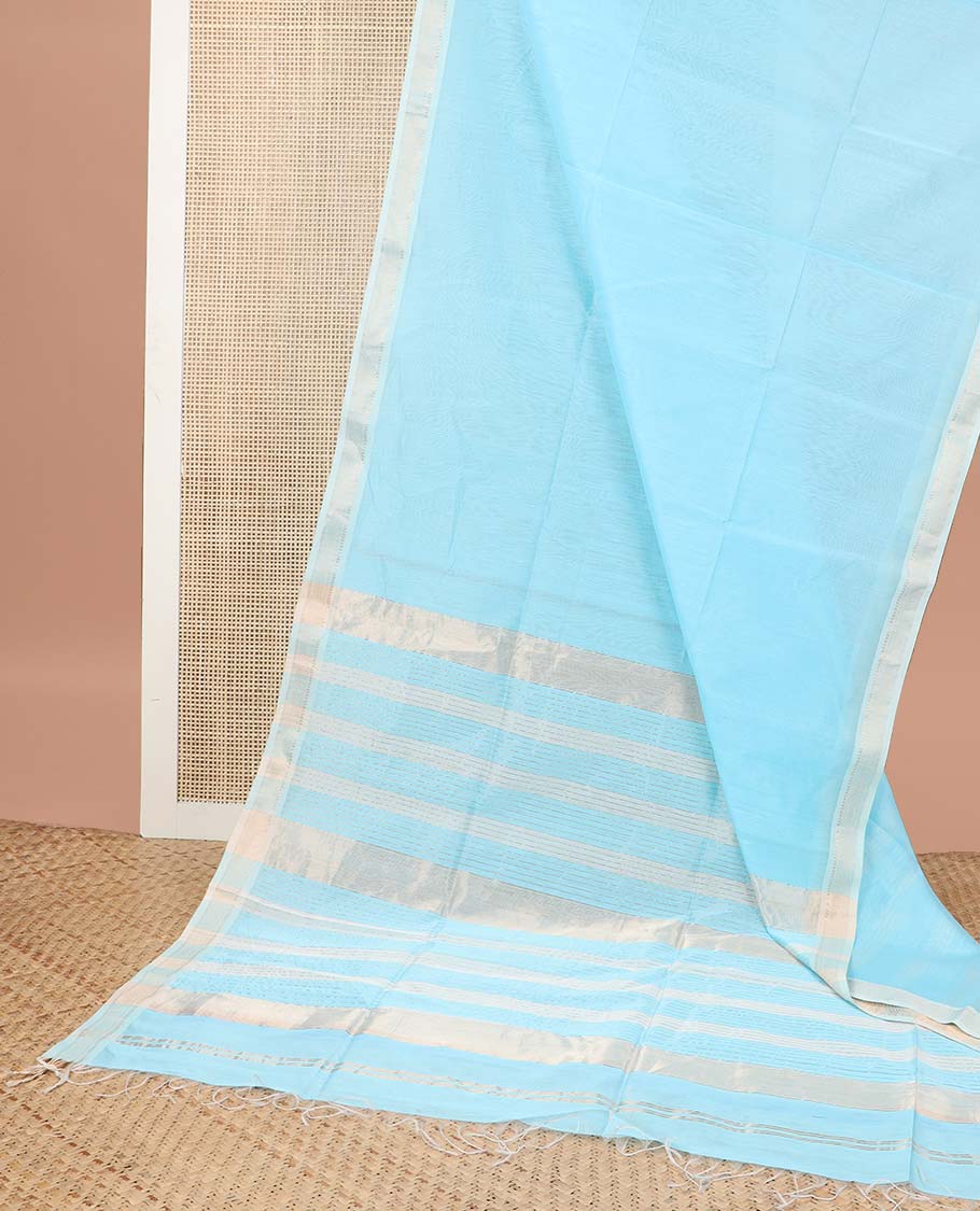 Light blue maheswari cotton saree with self zari design border & striped pallu