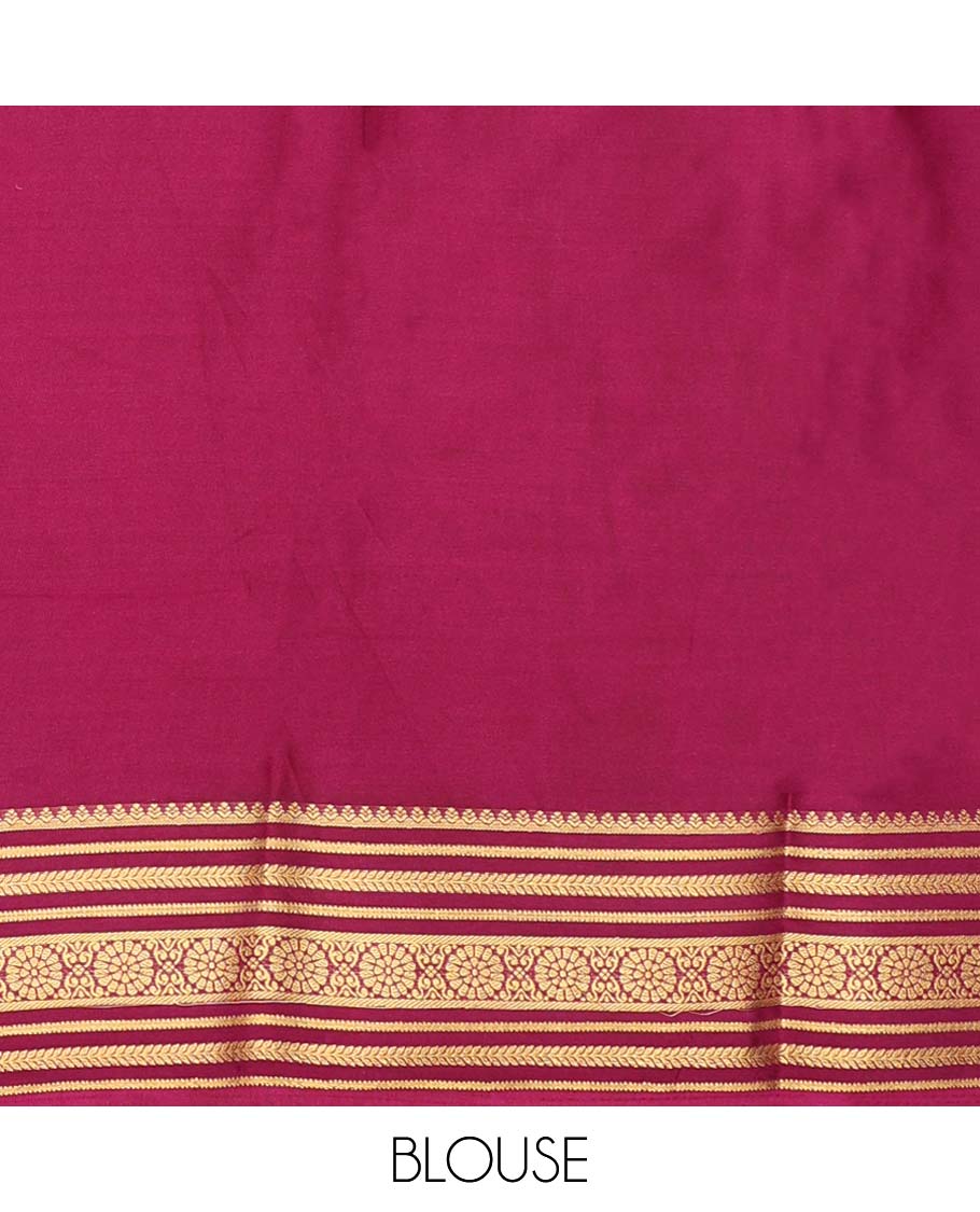 Pink pichwai-style floral vine printed semi-banaras printed saree, contrast traditional design border & striped pallu