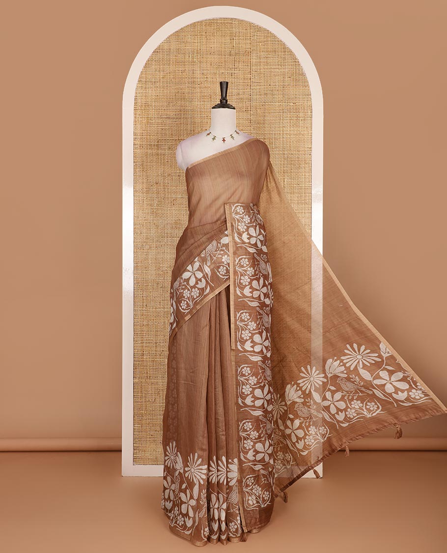 Brown plain Chanderi silk saree, floral vine, and sparrow motifs printed skirt border, and pallu, floral motifs printed blouse
