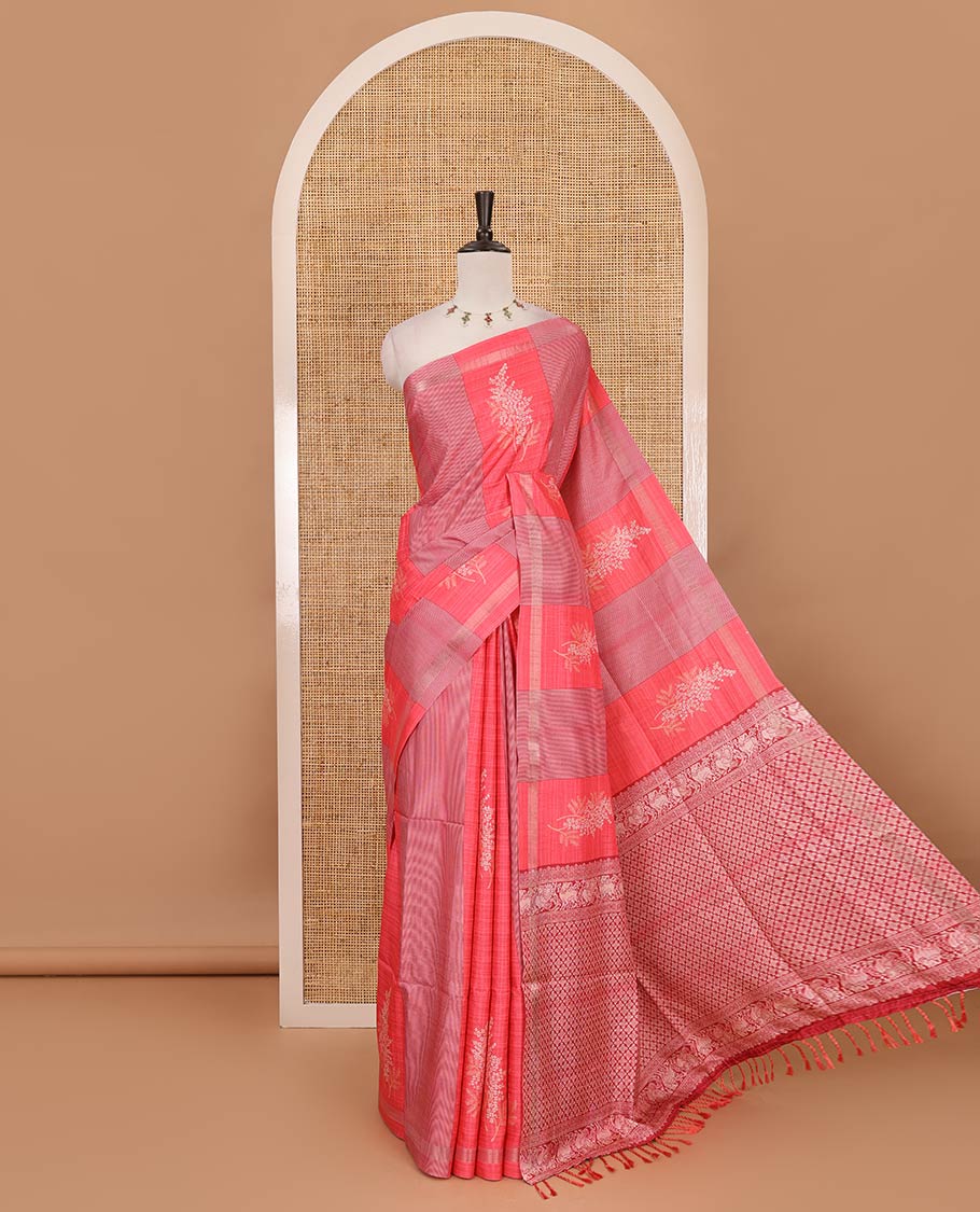 Tomato pink vertical striped & floral motifs Katan silk saree, zari piping border & pallu of yaali & jaal motifs