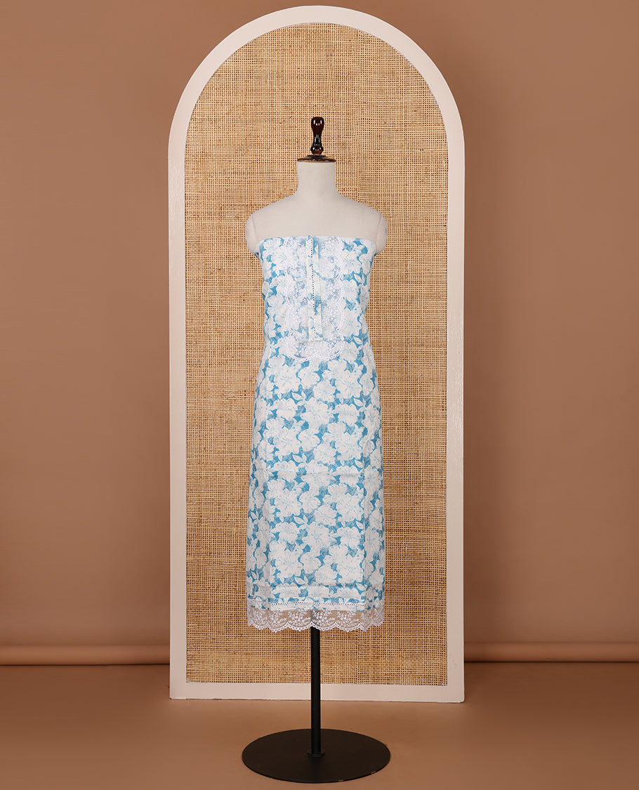 Blue cotton chudidar material set,floral print with daman floral neck embroidery top,plain bottom & floral jaal embroidery dupatta