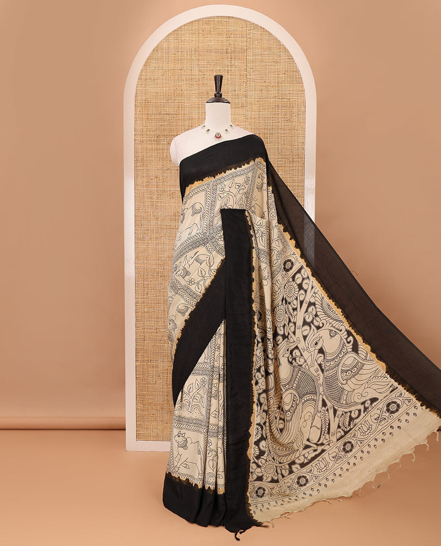 Chikku kalamkari floral & pichwai cow enclosed checked Mangalagiri Silk saree,contrast border, kalamkari-peacock pallu & plain blouse