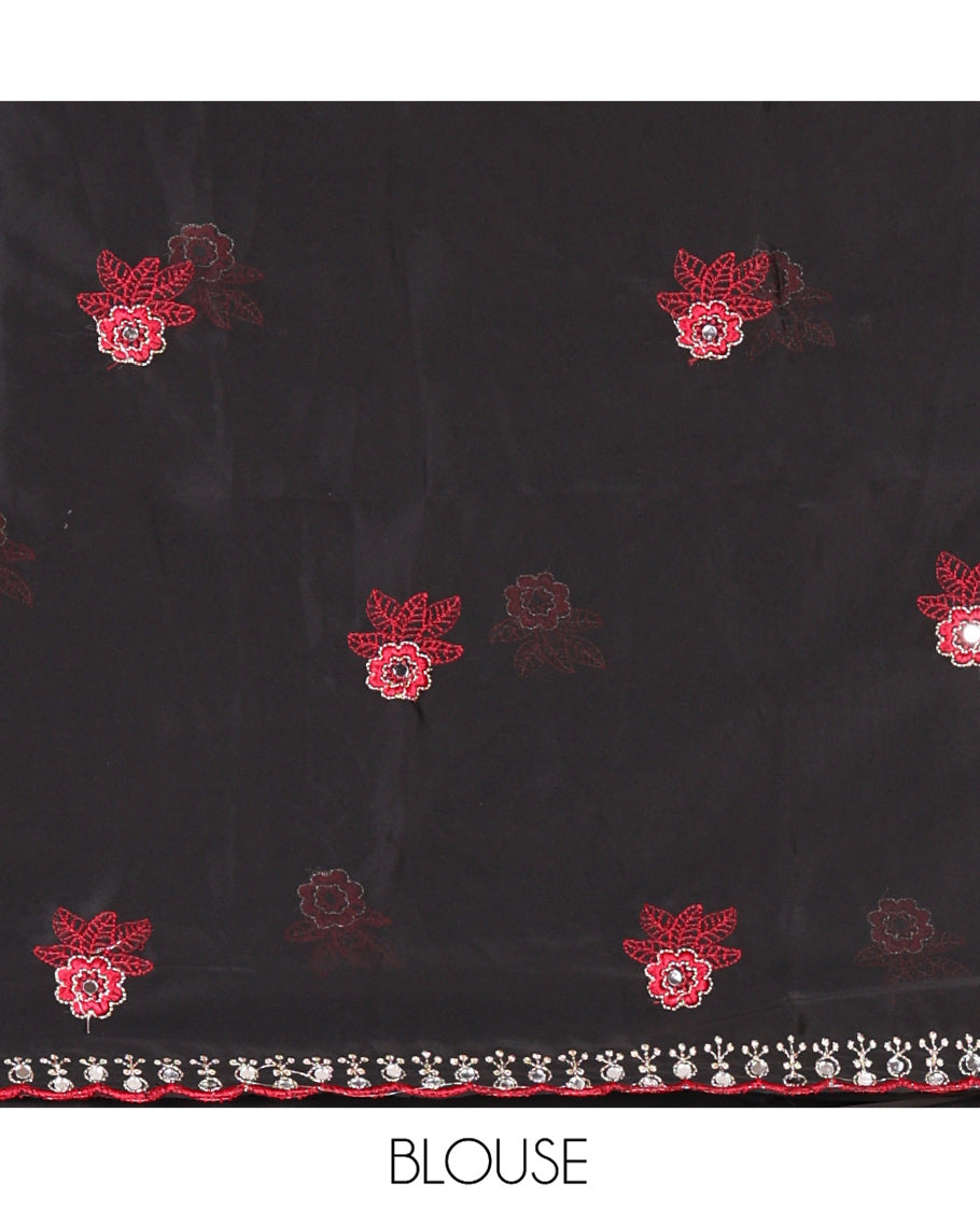 Magenta Rangoli Chiffon Saree, Bedecked with Flower-Style Motifs Embroidered on Its Body, a Subtle Scallop Embroidered Border, a Self-Pallu, and Paired with a Contrast Embroidered Blouse