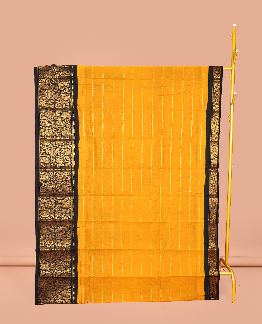 Yellow Sungudi Cotton Saree, Accentuated with Stripes on Its Body, Complemented by a Contrast Border of Round Peacock and Floral Vine Designs, Zari Striped Pallu, and Has No Blouse