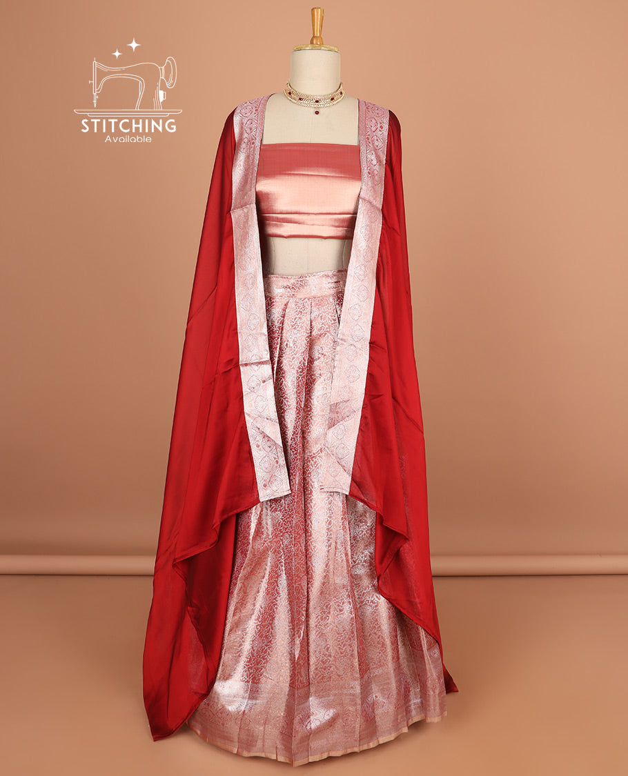 Red floral jacquard half saree with self floral zaei design border , zari design blouse & plain, zari design border dhavani