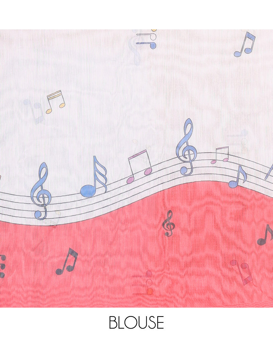 Red musical-note-motif-printed chanderi cotton saree with contrast musical-note-motif-printed piping border, and a matching blouse