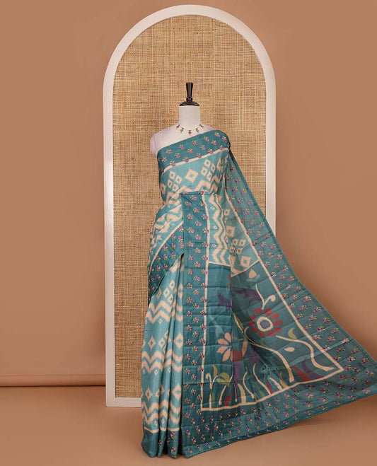 Sea Green pochampally ikkat style geometric printed fancy tussar saree, contrast floral motifs thread embroidered border, ikkat printed pallu, and plain blouse