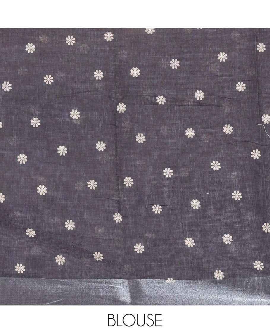 Chikku Linen Cotton Saree, Beautified with Silhouette-Style Floral Vine Printed on Its Body, Subtly Zari Bavanji Border, Pallu of Same Floral Print, and Paired with a Matching Blouse